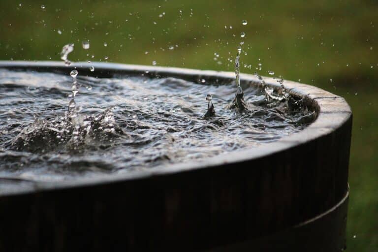 rain is falling in a wooden barrel full of water in the garden